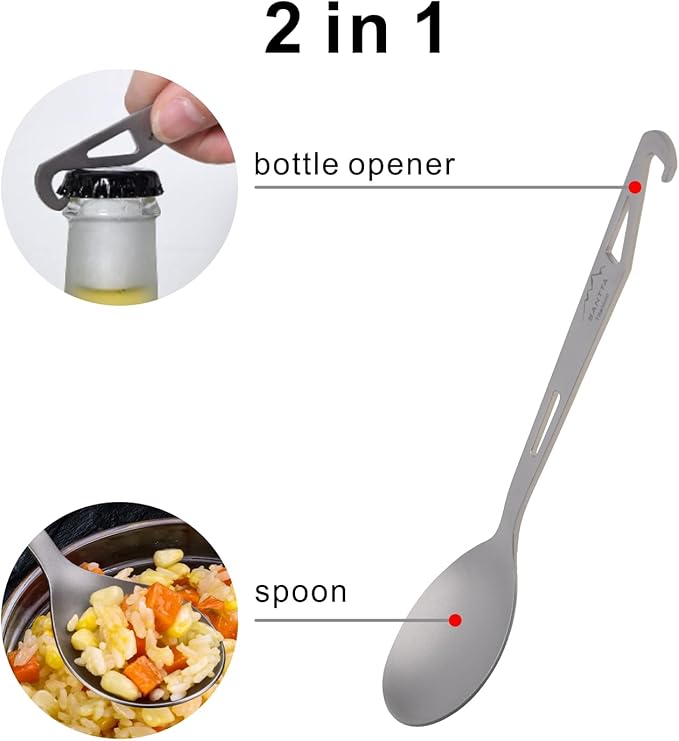 SANTTA Titanium Camping Spoon Set of 2 Piece, Spoon and Bottle Opener 2-in-1 Design, Lightweight Ti Utensils with a Pouch and Carabiner for Outdoor Camping Backpacking Hiking and Travel