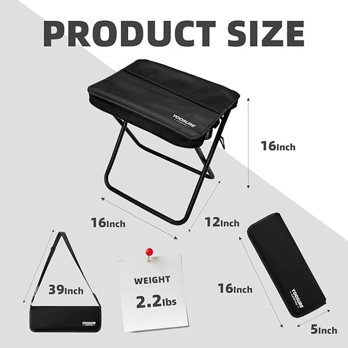 16" Extra Tall Portable Folding Stool for Adults, XL Collapsible Camping Stool with 3 Storage Pockets, Heavy Duty Compact Seat for Fishing, Hiking, Gardening