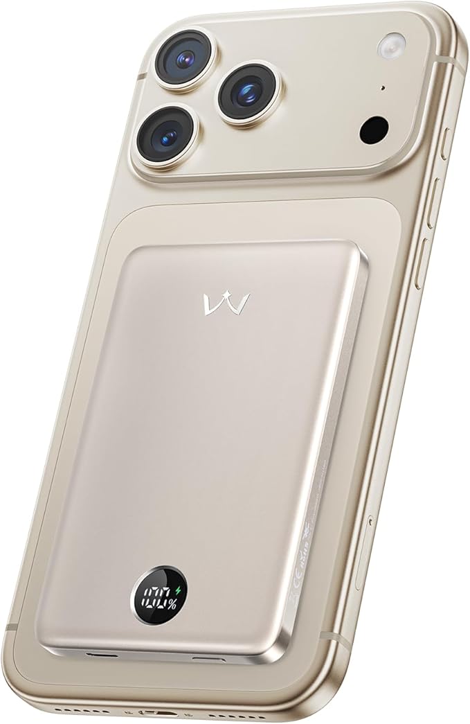 iWALK Magnetic Portable Charger, 5,000mAh Ultra-Slim Power Bank Wireless Charging Battery Pack with LED Power Display, Comfortable Grip Powerbank Compatible with iPhone 17/16/15/14/13 Series,Starlight