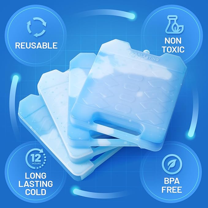 Everlasting Ice RX Large Reusable Ice Packs for Cooler with Handle (4 Pack) Long Lasting Coolness, BPA Free, Freezer Packs for Extended Cooling | Cooler Ice Packs for Camping, Fishing, Hiking, Beach