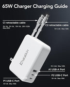 65W for MacBook Pro Charger,5-in-1 Retractable Wall Charger Plug for iPhone 17, Dual 3.94 ft PD USB C Cable&3 Ports, Fast Charging Block for Mac Book Pro/Air, M1 M2 M3 M4 M5, iPad Pro,Galaxy,Pixel