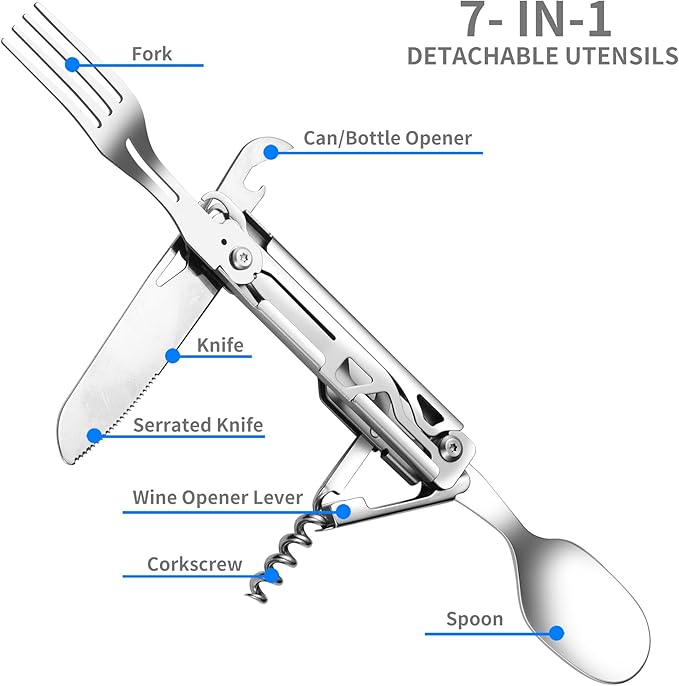 Camping Utensils, 6-In-1 Detachable Stainless Steel Camping Flatware Multi-tool kits with Spoon Fork Knife Corkscrew Bottle&Can Opener, Folding Portable Cutlery Set for Travel Hiking Picnic