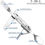 Camping Utensils, 6-In-1 Detachable Stainless Steel Camping Flatware Multi-tool kits with Spoon Fork Knife Corkscrew Bottle&Can Opener, Folding Portable Cutlery Set for Travel Hiking Picnic