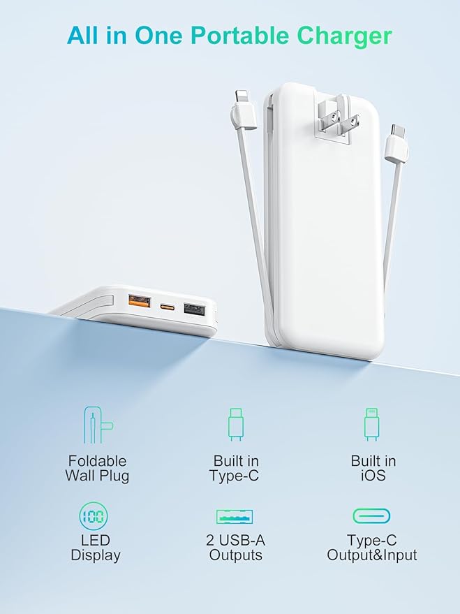 Portable Phone Charger, 12000mAh 22.5W Fast Charging Power Bank with Built-in Cables & Wall Plug, External Battery Bank with LED Display, Travel Essential Battery Pack for iPhone, iPad, Samsung White