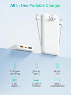 Portable Phone Charger, 12000mAh 22.5W Fast Charging Power Bank with Built-in Cables & Wall Plug, External Battery Bank with LED Display, Travel Essential Battery Pack for iPhone, iPad, Samsung White