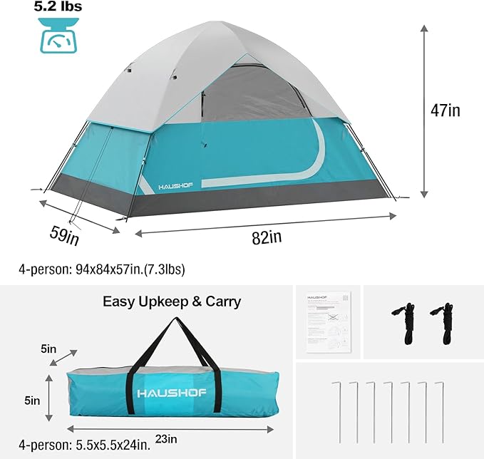 HAUSHOF 2/4-Person Family Dome Tent with Removable Rain-Fly, Easy Set Up Portable Camping Tent for Backpacking Hiking Backyard Outdoor, Green/Blue/2-person/4-person