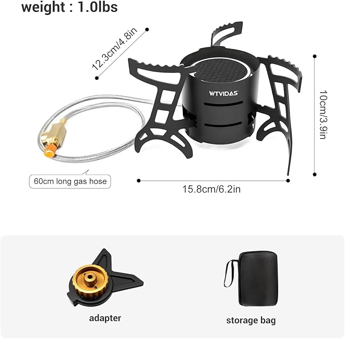 Camping Stove 3000W Portable Backpacking Stove with Piezo Ignition, Fuel Canister Adapter Windproof Gas Stove for Camping Hiking Outdoor Cooking