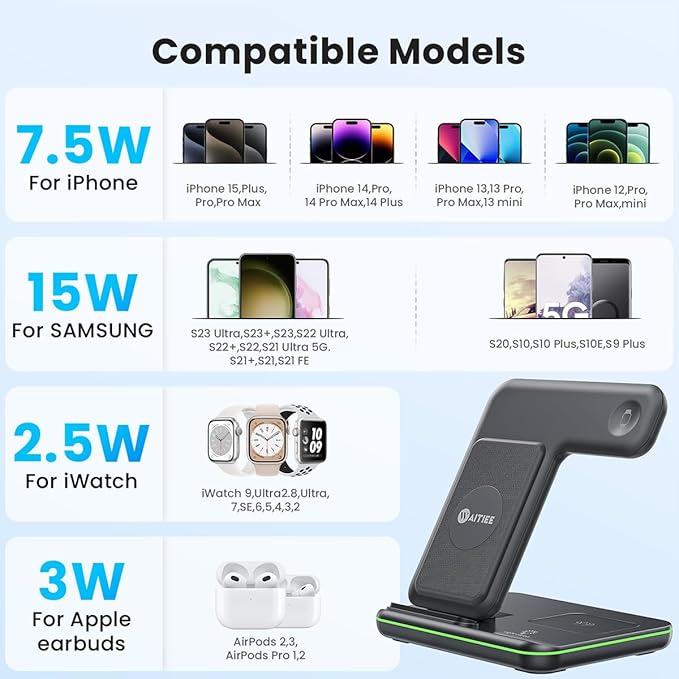 WAITIEE Wireless Charger for iPhone 17 16 15 14 13 12 11 X 8, 3 in 1 Charging Station for Apple Watch 11/10/9/8/7/6/5/4/3/2/SE/Ultra/Ultra 2/Ultra 3 & for AirPods 4/3/2/Pro/Pro 2