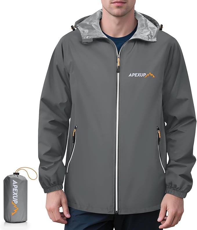 APEXUP Packable Rain Jacket Men with Reflective Zipper, Lightweight Waterproof Raincoat, Mens Rain Jacket for Outdoor Sports