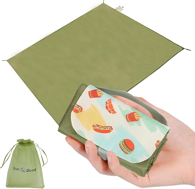 Picnic Blanket Waterproof – Packable Sand Proof Beach Blanket (0.42lb/0.66lb), Compact & Foldable, Fits in Pocket with Integrated Stakes, Ideal for Camping, Hiking, Travel, Concert, Festival