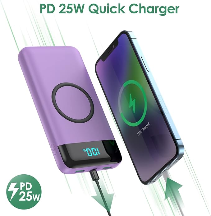 Wireless Portable Charger 30,800mAh 15W Wireless Charging 25W PD QC4.0 Fast Charging Smart LED Display USB-C Power Bank,4 Output& 2 Input External Battery Pack Compatible with iPhone, Samsung -Purple
