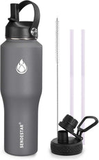 SENDESTAR Water Bottle 32oz,2 Lids(Straw lid),Wide Mouth Stainless Steel Vacuum Insulated Double Wall Keep Liquids Cold or Hot All Day,Sweat Proof Sport Design,Fit Car Cup Holder(Gray)