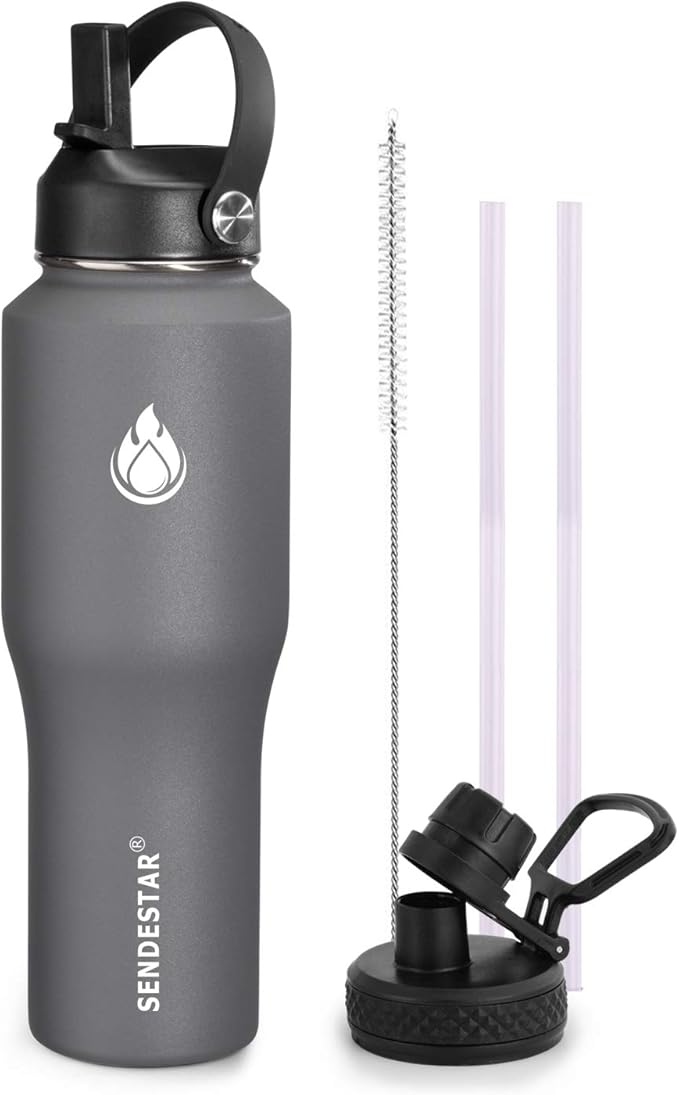 SENDESTAR Water Bottle 32oz,2 Lids(Straw lid),Wide Mouth Stainless Steel Vacuum Insulated Double Wall Keep Liquids Cold or Hot All Day,Sweat Proof Sport Design,Fit Car Cup Holder(Gray)