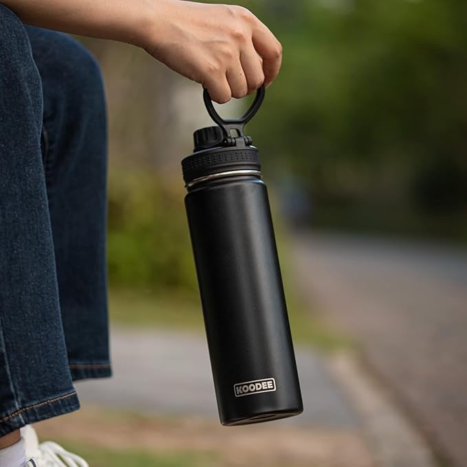 koodee 26 oz Insulated Water Bottle Stainless Steel Double Wall Vacuum Metal Sports Water Bottle with Leakproof Spout Lid, Wide Mouth Water Bottle (Black)