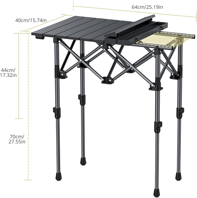 2ft Roll Up Camping Table, 2 Adjustable Heights Aluminum Folding Camping Table with Storage Net and Bag, Waterproof, Lightweight Outdoor Table 25” X 16”, for Outdoor Travel BBQ Picnic, Black