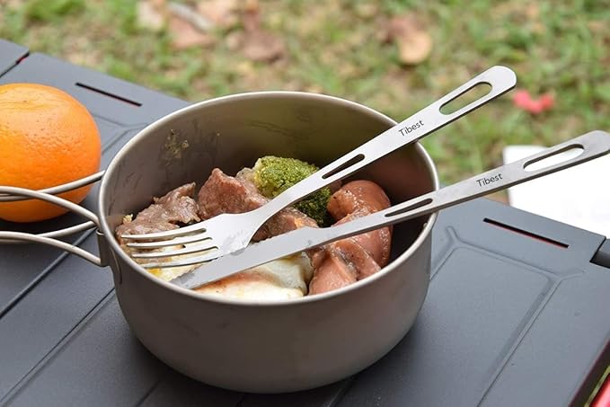 Titanium Camping Utensils Spoon Fork Knife Set Lightweight Camping Cutlery, Travel Utensil Cutlery Set Travel Silverware Set with Carrying Bag and Carabiner for Backpacking Hiking