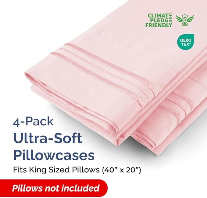 Pillowcases - Ultra Soft Hotel Quality Pillowcase Covers - Comfy, Cozy & Wrinkle Free - Shrinkage, Stain & Fade Resistant - Machine Washable Pillow Protectors - (King, Baby Pink, 4 Piece Set)