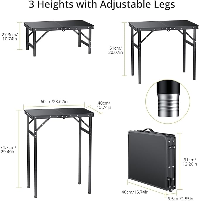 2ft Folding Camping Table with Storage Net, 3 Adjustable Height Max 29.5" Aluminum Small Folding Table, Portable Handle, Lightweight, for Travel Outdoor Beach Picnic Camp, 23.2" x 16", Black
