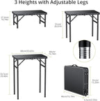 2ft Folding Camping Table with Storage Net, 3 Adjustable Height Max 29.5" Aluminum Small Folding Table, Portable Handle, Lightweight, for Travel Outdoor Beach Picnic Camp, 23.2" x 16", Black