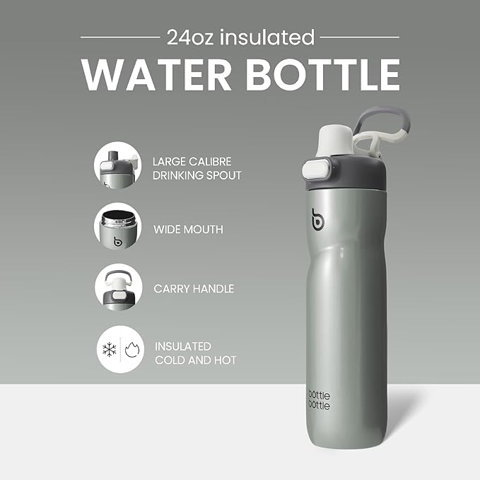 BOTTLE BOTTLE Insulated Water Bottle 24 oz with Handle and Flip Tops Lids Stainless Steel Water Bottle Push Button Lid Leak proof Portable for Running Travel Sports Hiking gray
