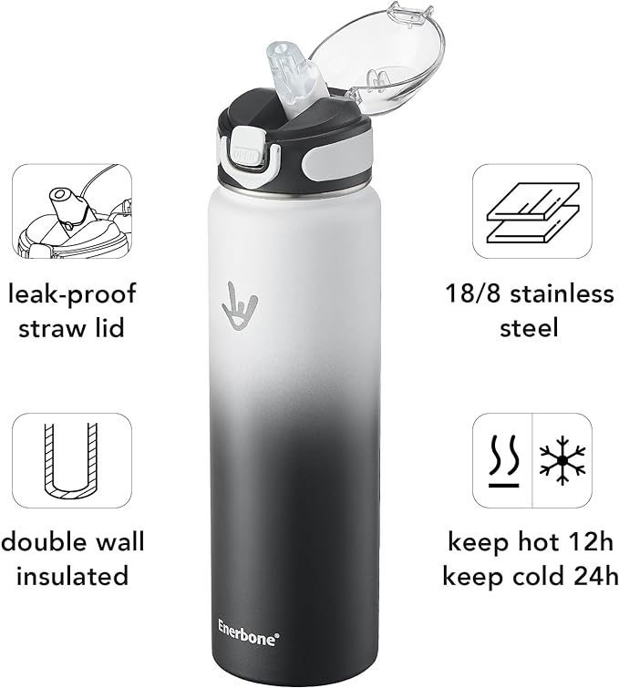 Enerbone 32 oz Insulated Water Bottle, Stainless Steel Bottle with Carrying Strap, Double-Wall Vacuum Insulation Design, Leakproof Sports Bottle with Straw, Keep Drinks Cold or Hot for Hours