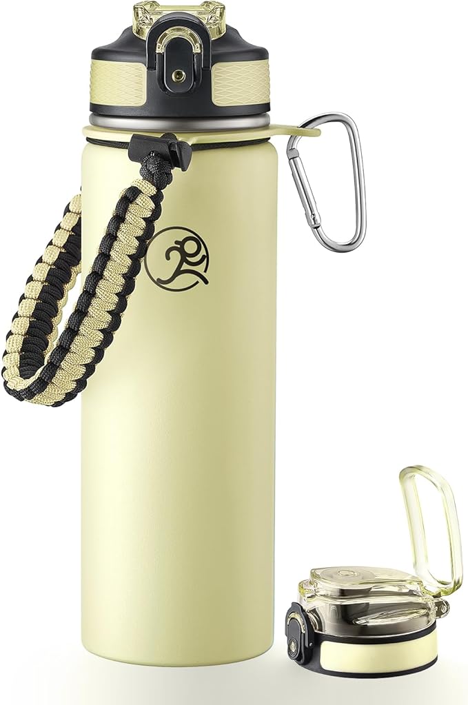 GOSWAG Insulated Sports Water Bottle, 24oz 2 Lids(with Straw/No Straw), Stainless Steel Water Bottles with Paracord Handle, Insulated Bottle with Double-Wall Vacuum Insulation