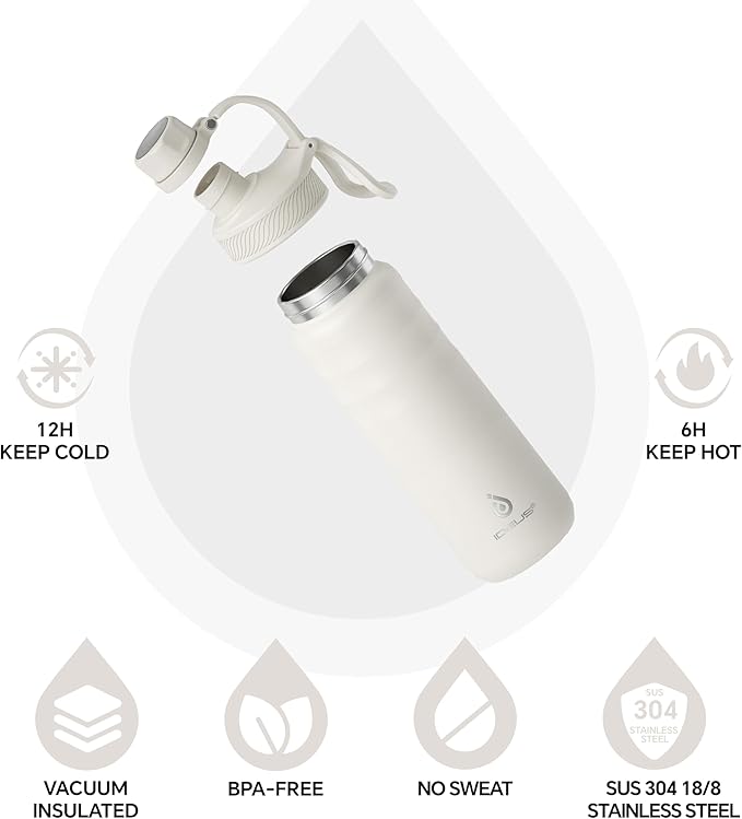 IDEUS Insulated Stainless Steel Water Bottle with 2 Leak-Proof Lids, Thermal Water Flask for Hiking Biking, 24oz, White