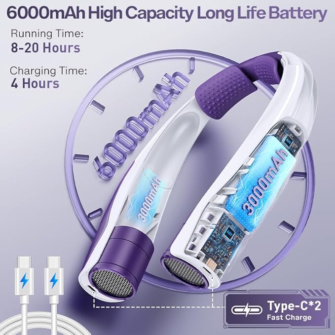 Neck Fan Rechargeable for Women: 6000mAh Battery Air Volume, 5S Fast Cooling Portable Personal Fan, 6 Speeds, No Hair Twisting - USB Quick Charge, Gift for Fashion Women, Bestie (Purple)