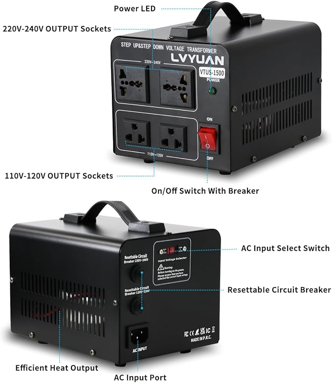 LVYUAN Voltage Converter Transformer 1500 Watt Step Up/Down Convert from 110V-120V to 220V-240Vt and from 220V-240V to 110V-120V with 2 US outlets, 2 Universal outlets, Resettable Circuit Breaker