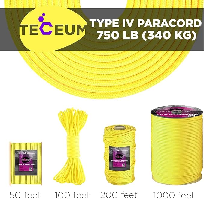 TECEUM 5/32" Paracord Rope 1000 – 1000ft / 200ft / 100ft / 50ft – Tactical Parachute Cord 4mm – 45+ Colors – Nylon String for Survival & Camping Gear – Stripe Cord for Survival – Utility Rope
