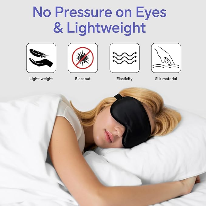 Sleep Eye Mask for Men Women, Silk Sleep Mask for Side Sleeper, Travel Blackout Night Blindfold Eye Shade Cover with Adjustable Strap (Black & Black)