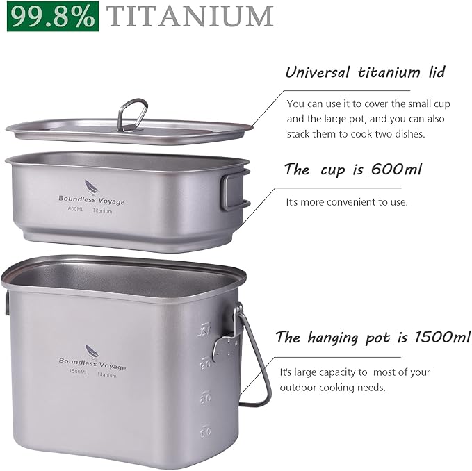 Boundless Voyage Titanium Mess Kit Hanging Pot Cup with Lid Folding Handles Outdoor Camping Cooking Set Ultralight Portable Tableware Cookware
