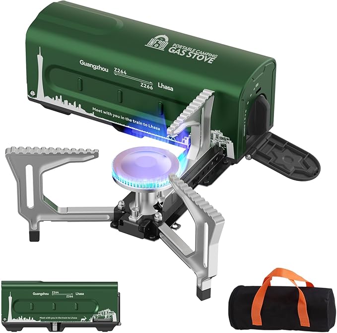 Portable Butane Gas Camping Stove - 7500 BTU Compact Folding Design with Carry Bag for Backpacking, RV Trips, Picnic & Outdoor Indoor Cooking, Green