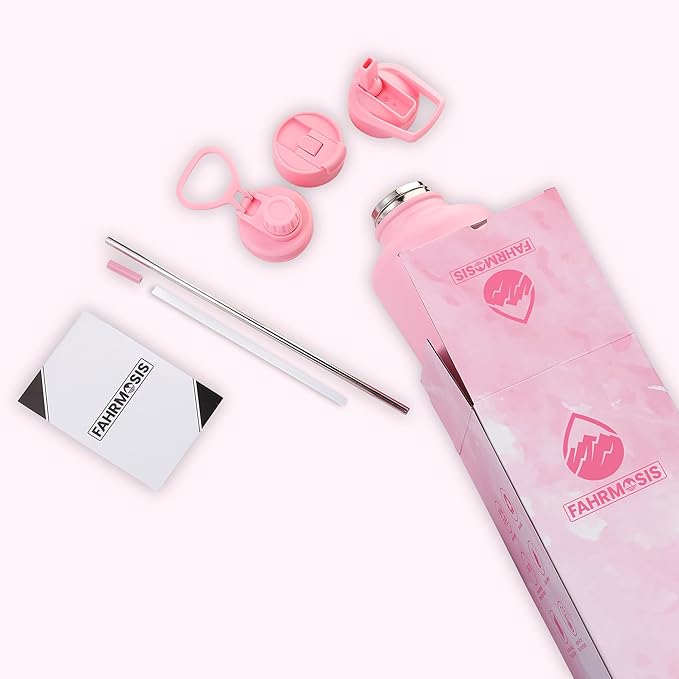 64 Oz Water Bottle with Straw Stainless Steel Sports Water Bottle with 3 Lids (Straw, Chug and Flip Lid) Leak Proof Metal Half Gallon Jug for Men & Women - Pink