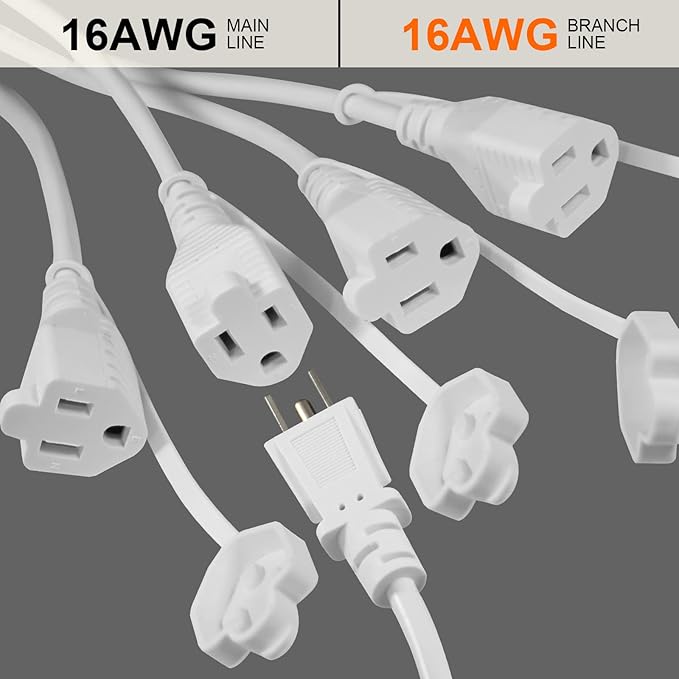 4 Way Outlet Splitter - White 1-Pack 90-Degree Angled Flat Plug 1 to 4 Extension Cable Power Strip, 16/3 Gauge 1.5FT, 3 Prong Y Style Multi Outlet Splitter, Perfect for Wall Wart Adapters