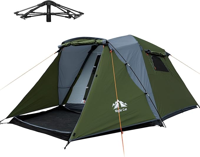 Night Cat Cabin Tent with Vestibule: 3 Persons Pop Up Camping Tent Double Layers Easy Quick Setup Waterproof