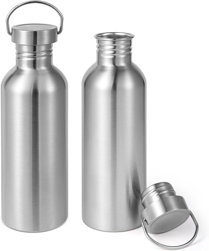 Volhoply 32oz Stainless Steel Water Bottle with Handle 2 Pack,Non Insulated Single Wall, Dishwasher Safe No Plastic 18/8 304 Metal Water Bottles with Wide Mouth for Camping, Hikers, Cyclists