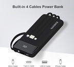 Power Bank 10000mAh Portable Charger with 4 Built-in Cables, Type-C in & Out Phone Charger, External Battery Charger Pack & Travel Essential for iPhone 16/15/14, Samsung, iPad, Android