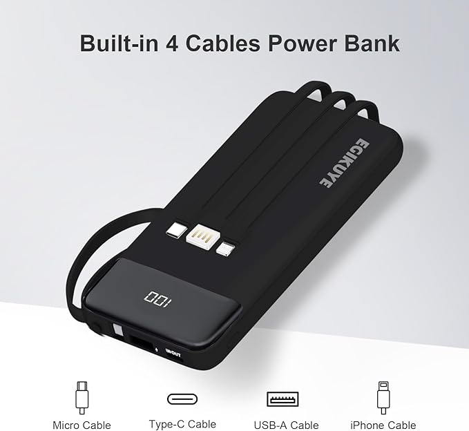 Power Bank 10000mAh Portable Charger with 4 Built-in Cables, Type-C in & Out Phone Charger, External Battery Charger Pack & Travel Essential for iPhone 16/15/14, Samsung, iPad, Android