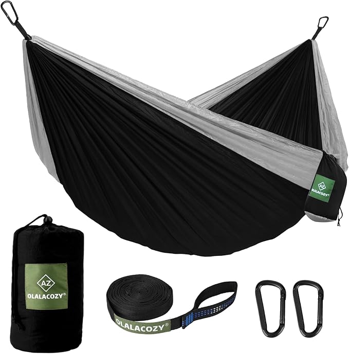 Camping Hammock,Camping Essentials,Lightweight Portable Double & Single Hammock with Tree Straps, Camping Gear for Outside Hiking Camping Beach Backpack Travel (Black & Grey, Medium)
