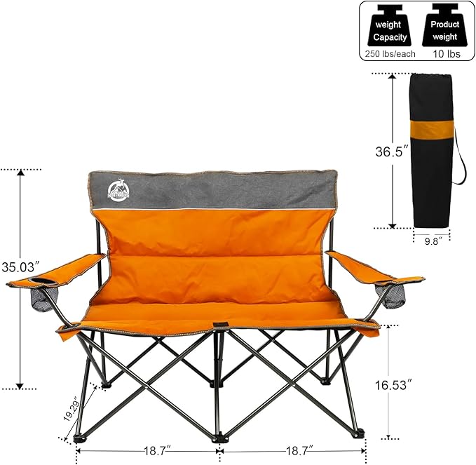 Northroad Outdoor Camping Chair Set of 3,Folding Padded Camp Chair w/1 Sofa,2 Single Chairs,Collapsible Conversation Set for Family Patio, Beach(Orange)