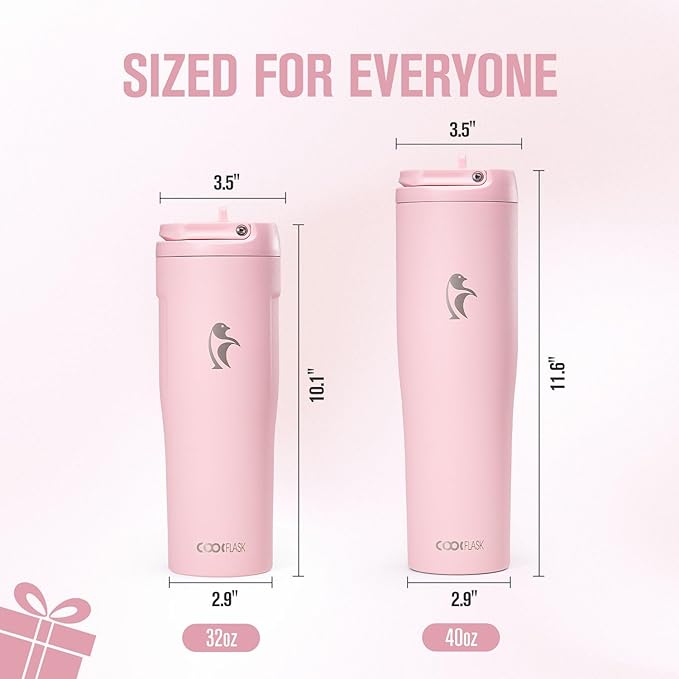 Coolflask Water Bottle 40 oz Fits Car Cup Holder, Slim Tumbler Stainless Steel with Straw & Handle, Vacuum Flask Leakproof Wide Mouth for Travel Sports Gym, Pink