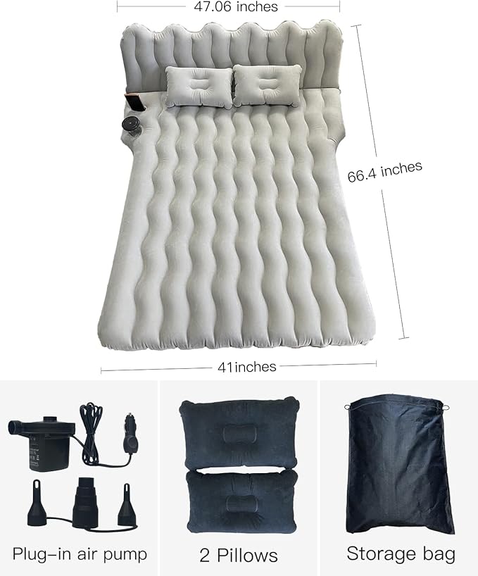 SUV Air Mattress with Cup & Phone Holder, Flocked-Top Car Mattress with 2 Air Pillows & Electric Air Pump, Perfect for Camping, Travel, and Road Trips (Black)