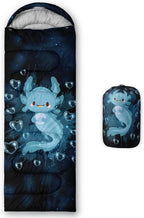 HOSIMA Cartoon Axolotl Sleeping Bags for Kids 10-12,Blue Cartoon Kids Sleeping Bags for Girls Boys,Compact Sleeping Bag for Camping Essentials and Hiking.