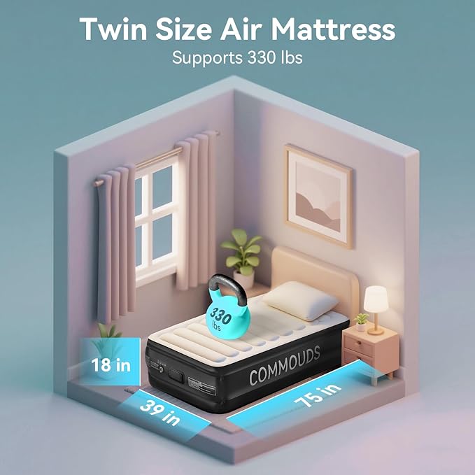 COMMOUDS Twin Air Mattress with Built-in Battery Powered Removable Pump, 18" High Inflatable Mattress, Portable Blow up Mattress, Air Bed for Camping, Home and Guest