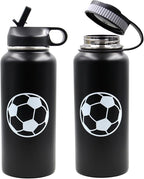32 oz Soccer Water Bottle, Wide Mouth Sports Flask Travel Tumbler with 2 Lids, Stainless Steel Double Wall Vacuum Leak Proof Insulated Water Bottles, Soccer Stuff Gifts for Mom Men Boys Girls Player