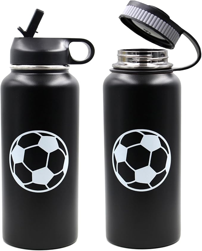 32 oz Soccer Water Bottle, Wide Mouth Sports Flask Travel Tumbler with 2 Lids, Stainless Steel Double Wall Vacuum Leak Proof Insulated Water Bottles, Soccer Stuff Gifts for Mom Men Boys Girls Player