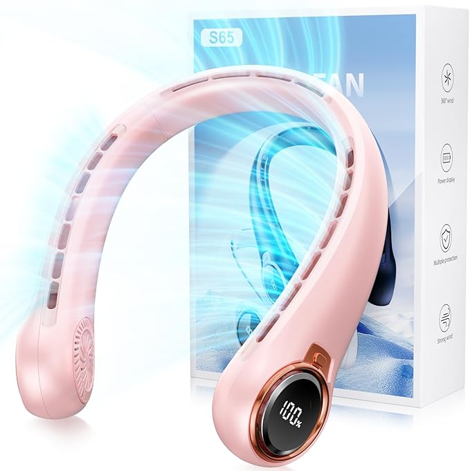 Portable Neck Fan with 6000mAh USB - Rechargeable Battery, 360° Cooling Wearable Fan, 3 Speeds, Ultra-Light Bladeless Neck Fan LED Display (Pink)