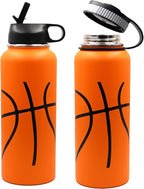 40 oz Basketball Water Bottle, Sports Flask Metal Thermal Travel Mug with 2 Lids, Stainless Steel Double Wall Vacuum Insulated Leak Proof Water Jug, Basketball Accessories Stuff Gifts for Boys Girls
