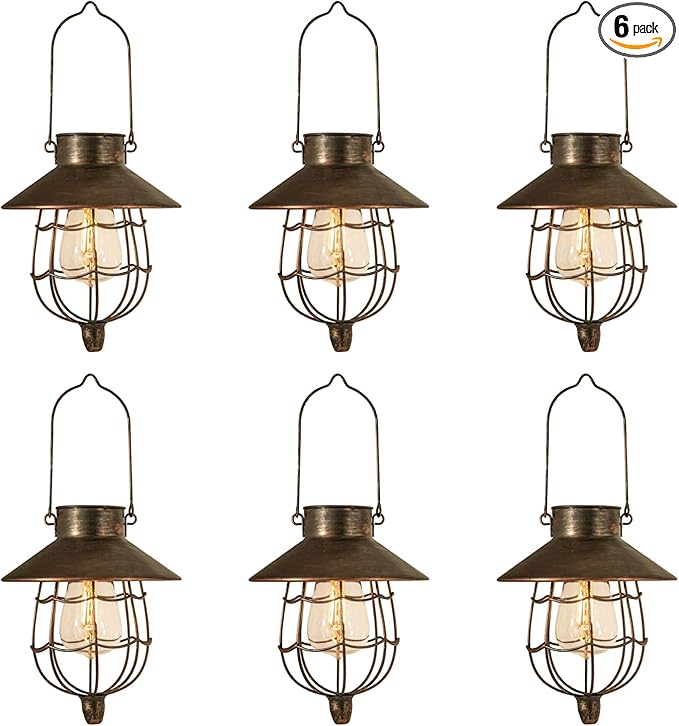 YAKii 6 Pack Solar Lantern Hanging Waterproof Outdoor Metal Solar Lamp with Warm White Light Decorate for Yard Garden Pathway Patio Porch (Antique Copper)